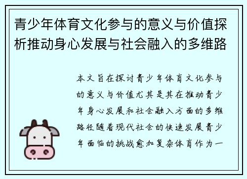 青少年体育文化参与的意义与价值探析推动身心发展与社会融入的多维路径